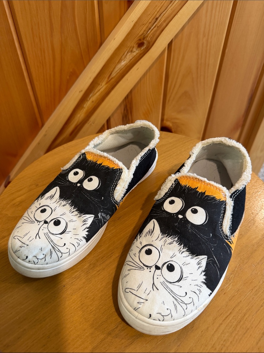 Cat Slip-On Sneakers in Black, White & yellow

Cute silly slippers.  Size 38